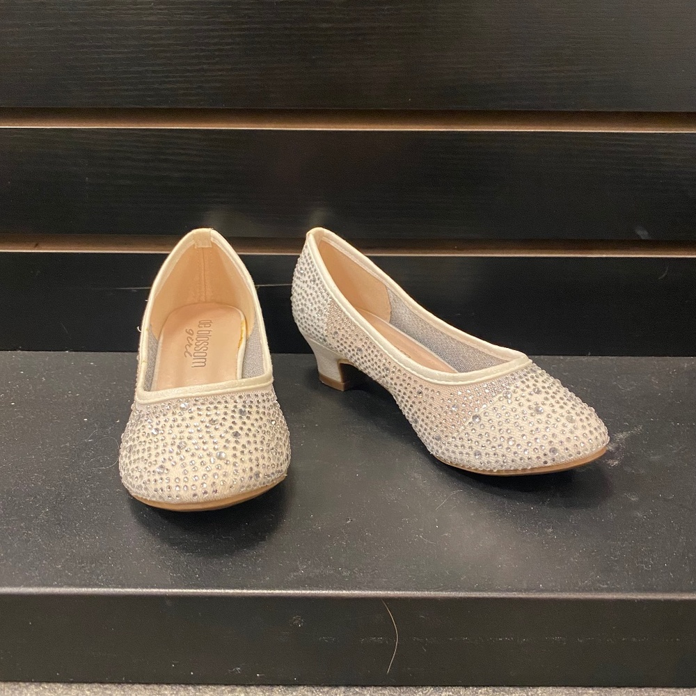 Girls White Rhinestone Low Heel